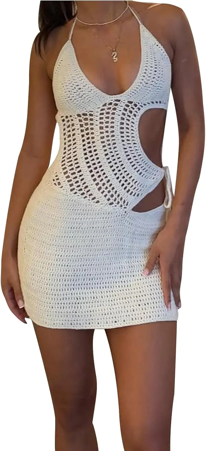 Women Halter Hollow Out Knitted Mini Dress Sexy Cut Out Tie Back Crochet Dresses Y2k Bodycon Summer Beachwear