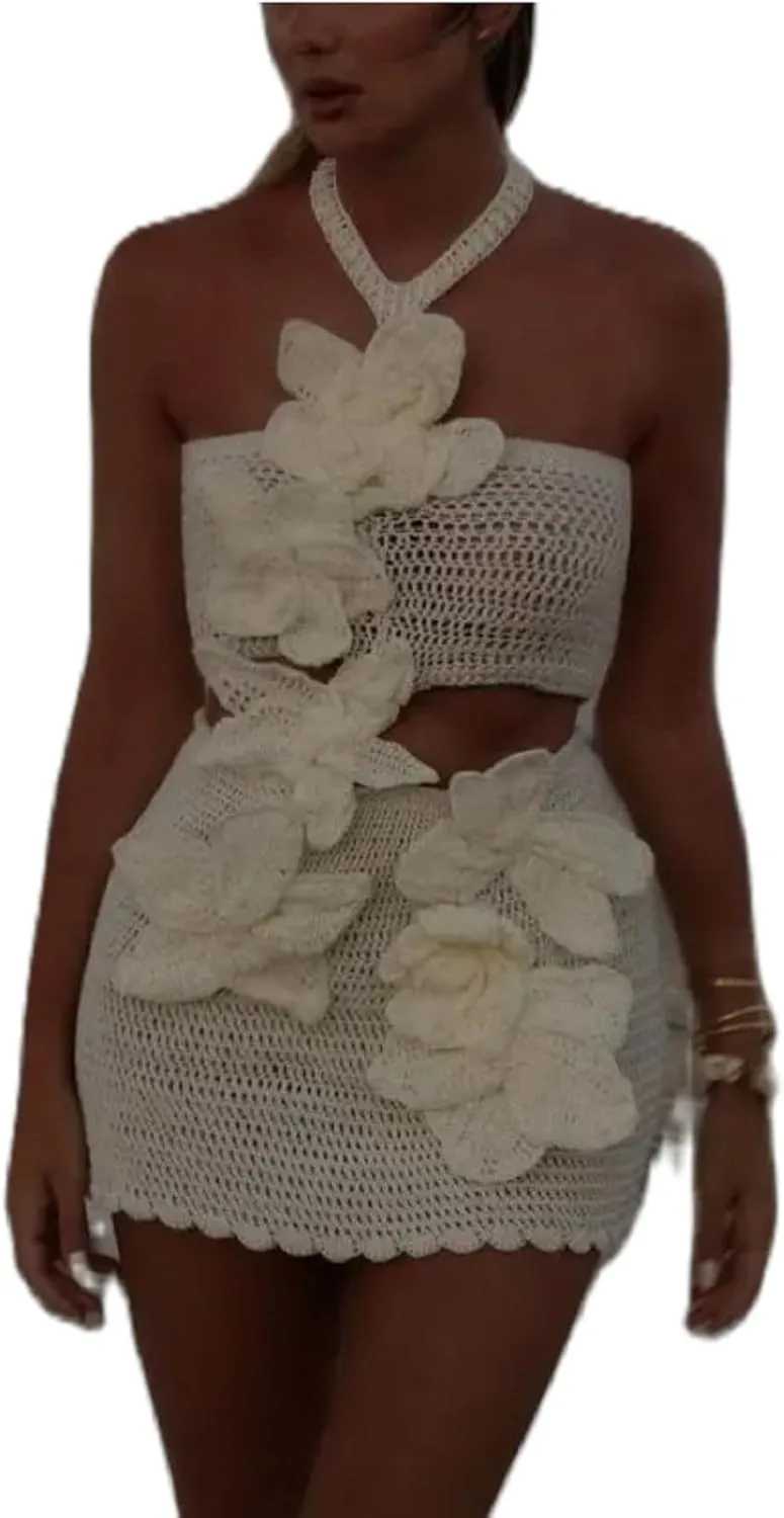 Women Halter Hollow Out Knitted Mini Dress Sexy Cut Out Tie Back Crochet Dresses Y2k Bodycon Summer Beachwear