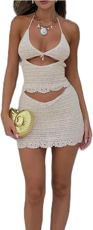 Women Halter Hollow Out Knitted Mini Dress Sexy Cut Out Tie Back Crochet Dresses Y2k Bodycon Summer Beachwear