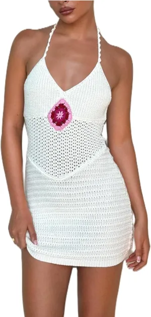 Women Halter Hollow Out Knitted Mini Dress Sexy Cut Out Tie Back Crochet Dresses Y2k Bodycon Summer Beachwear