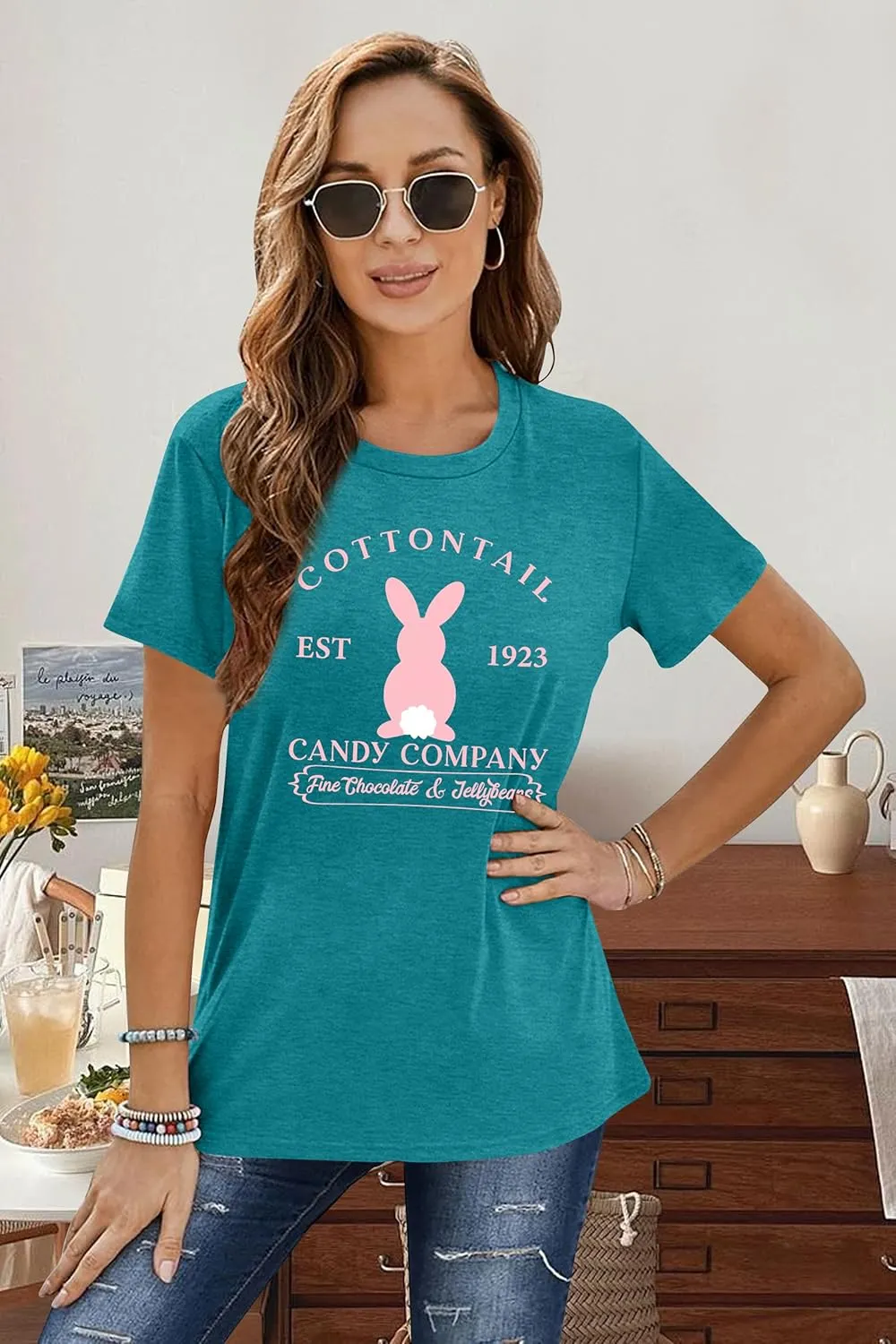 Women Happy Easter T Shirt Bunny Rabbit Graphic T-Shirt Funny Letter Printed Shirts Short Sleeve Tops