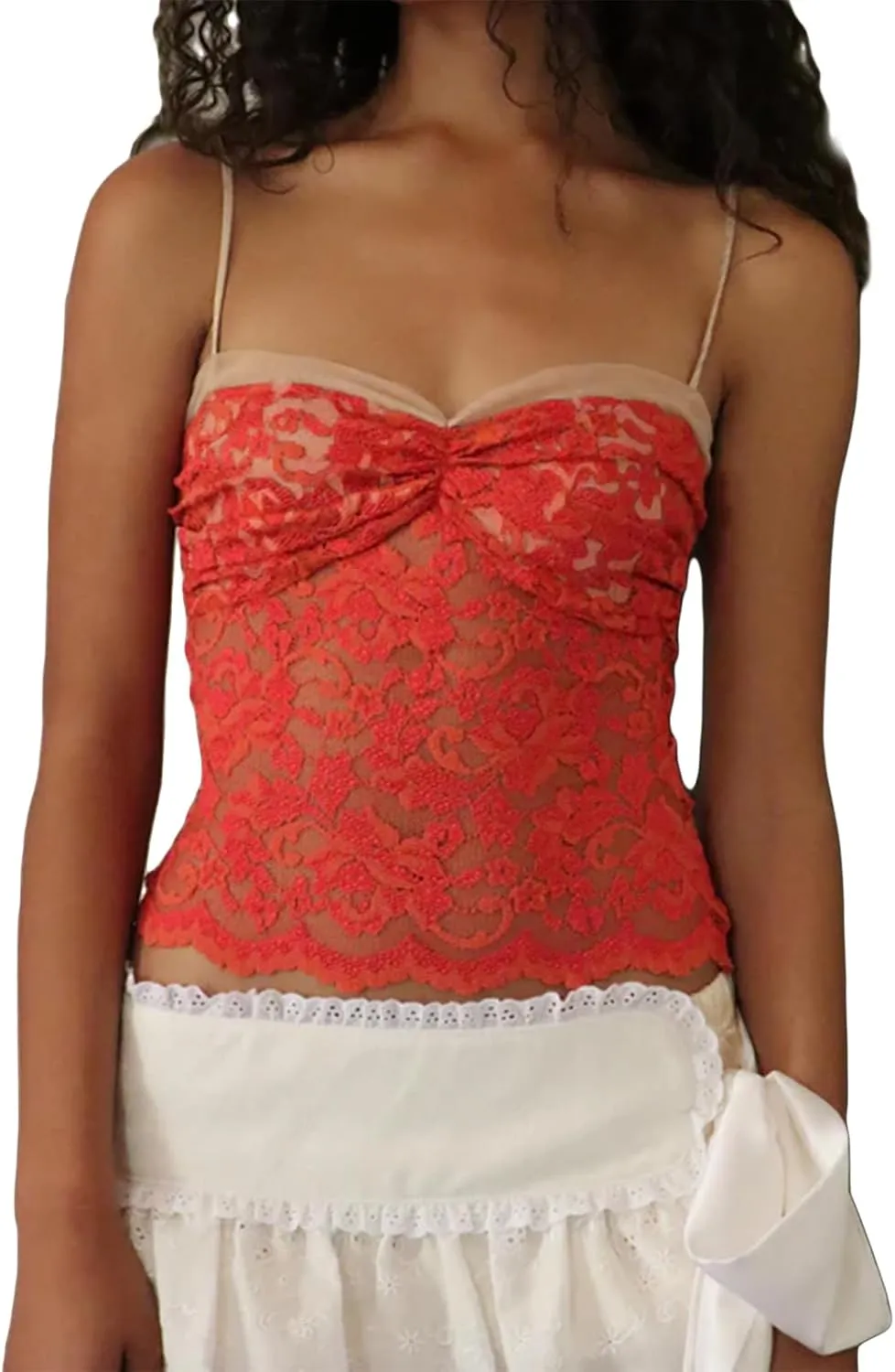 Women Lace Mesh Crop Tank Tops Sleeveless Patchwork Strappy Going Out Tops Camisole Y2k Slim Fit Cami Shirts