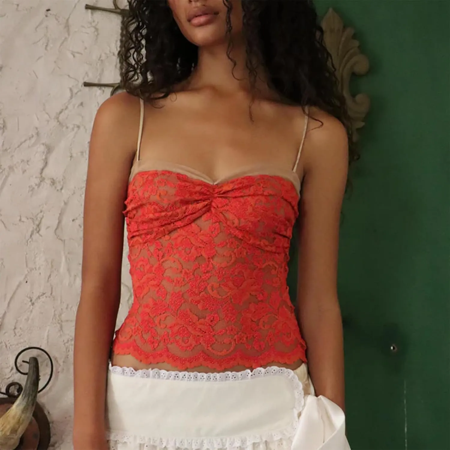 Women Lace Mesh Crop Tank Tops Sleeveless Patchwork Strappy Going Out Tops Camisole Y2k Slim Fit Cami Shirts