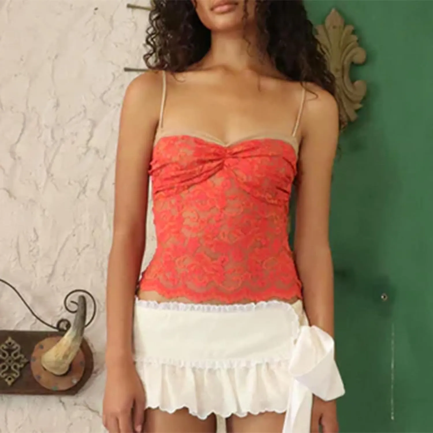 Women Lace Mesh Crop Tank Tops Sleeveless Patchwork Strappy Going Out Tops Camisole Y2k Slim Fit Cami Shirts