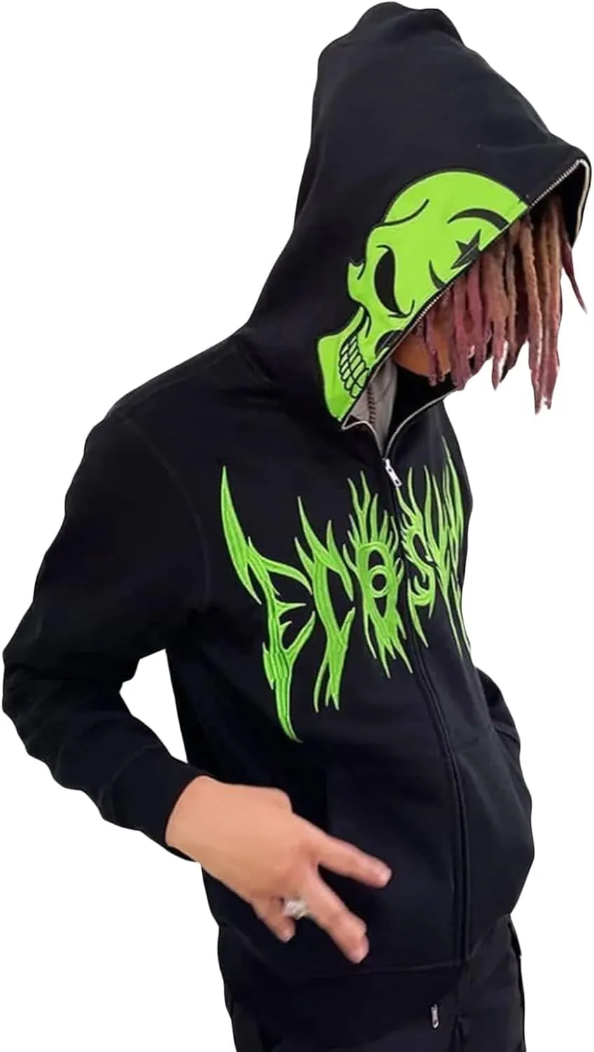 Women Men Rhinestone Graphic Zip up Hoodies Long Sleeve Oversized Gothic 90s Aesthetic Sweatshirt Jacket Streetwear