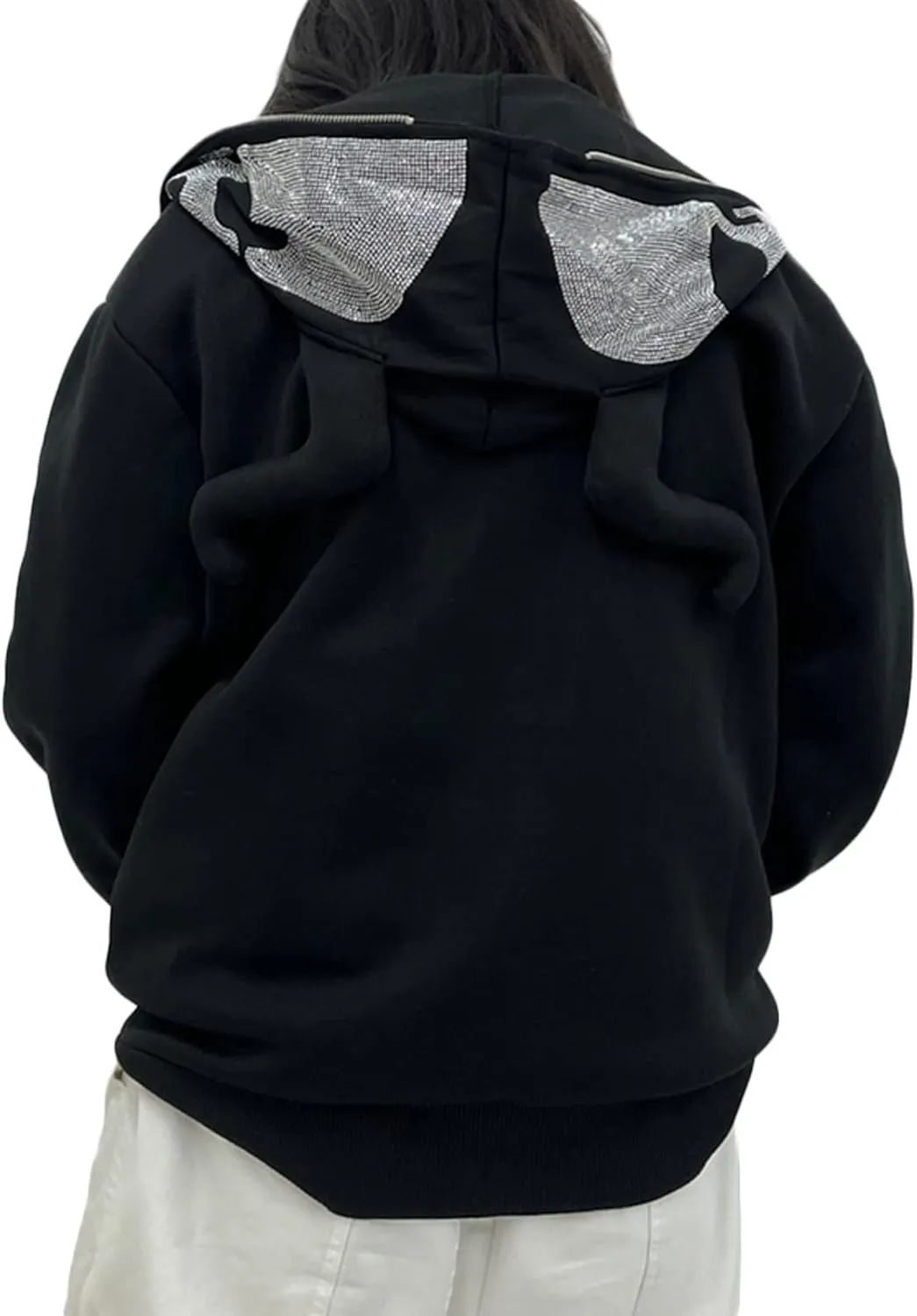 Women Men Rhinestone Graphic Zip up Hoodies Long Sleeve Oversized Gothic 90s Aesthetic Sweatshirt Jacket Streetwear