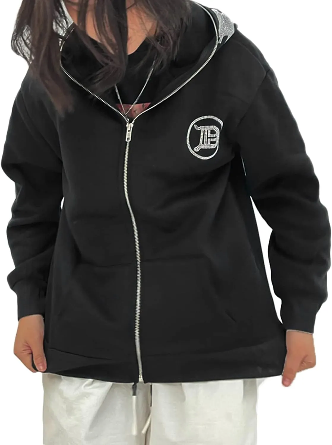 Women Men Rhinestone Graphic Zip up Hoodies Long Sleeve Oversized Gothic 90s Aesthetic Sweatshirt Jacket Streetwear