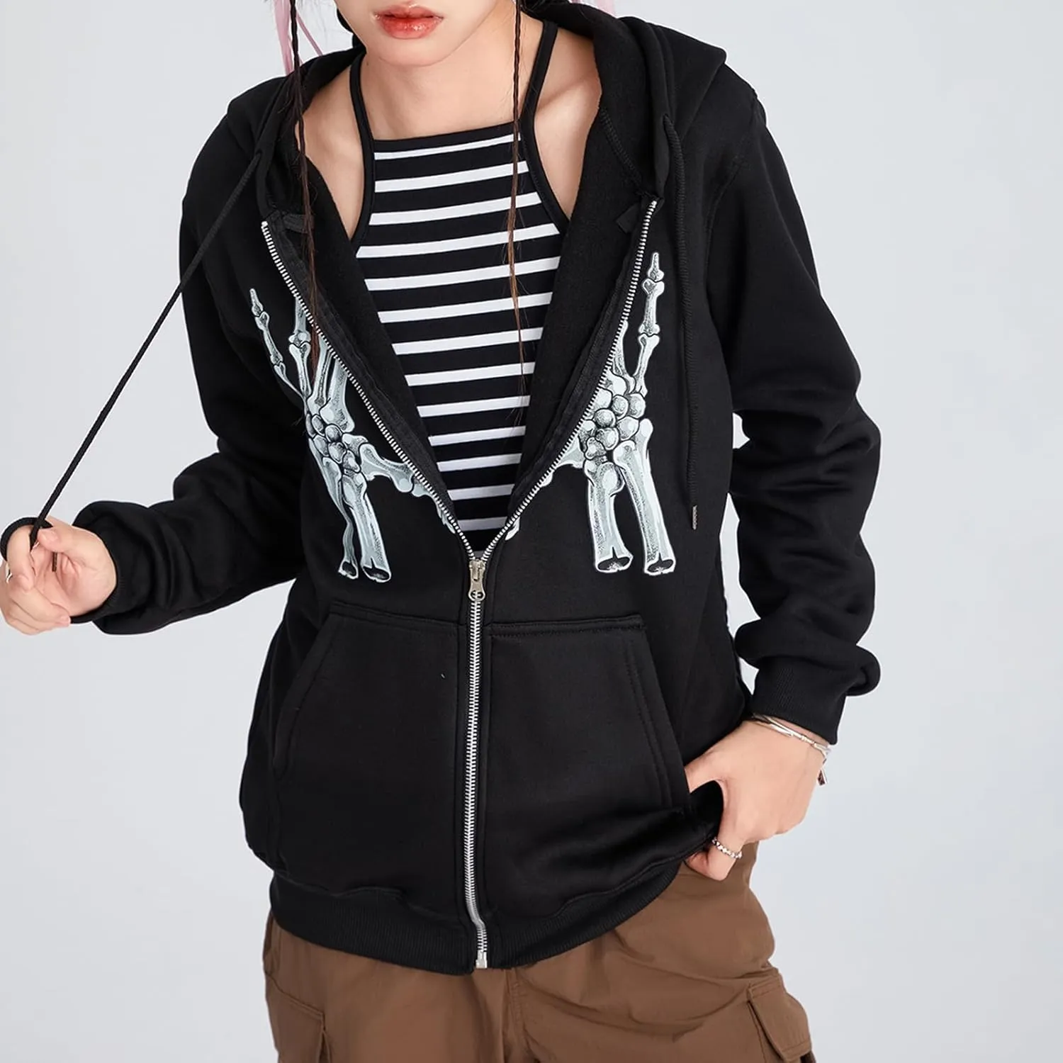 Women Men Rhinestone Graphic Zip up Hoodies Long Sleeve Oversized Gothic 90s Aesthetic Sweatshirt Jacket Streetwear