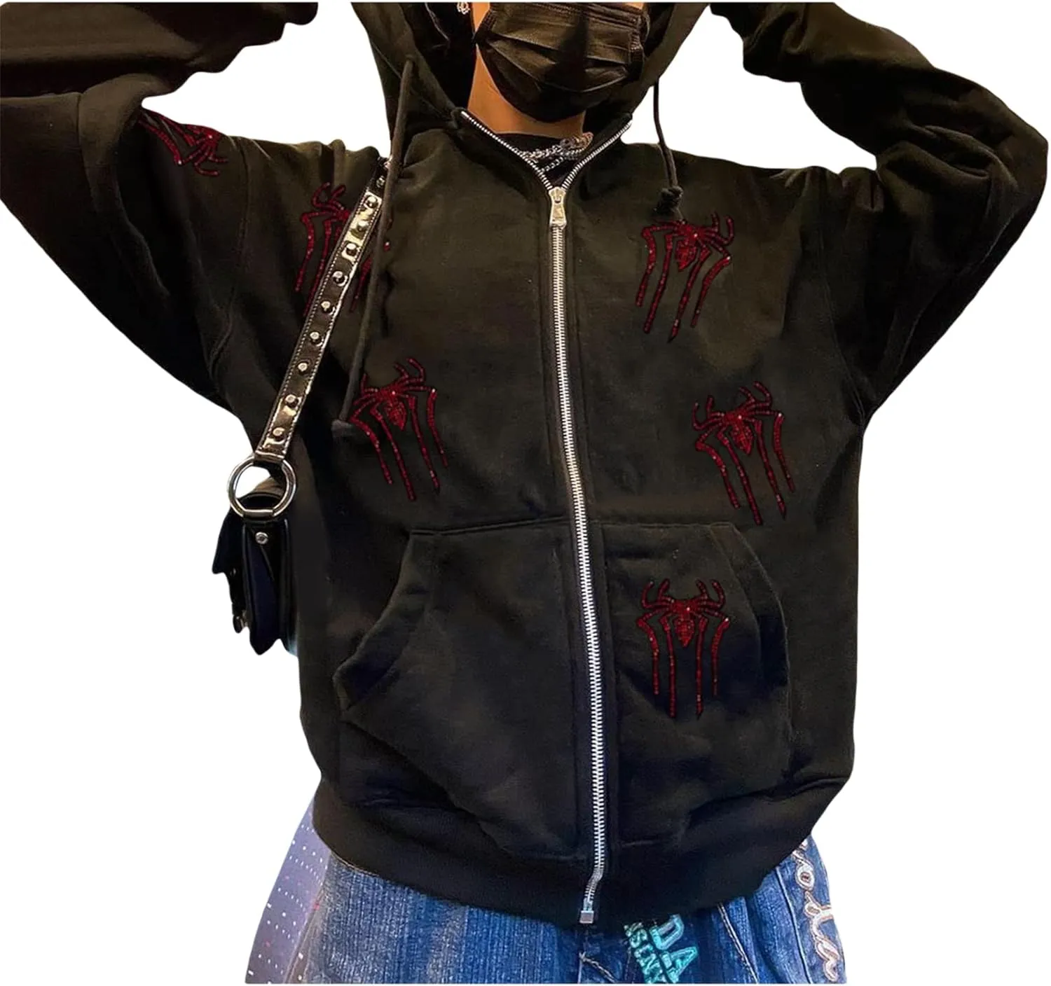 Women Men Rhinestone Graphic Zip up Hoodies Long Sleeve Oversized Gothic 90s Aesthetic Sweatshirt Jacket Streetwear