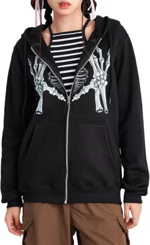 Women Men Rhinestone Graphic Zip up Hoodies Long Sleeve Oversized Gothic 90s Aesthetic Sweatshirt Jacket Streetwear