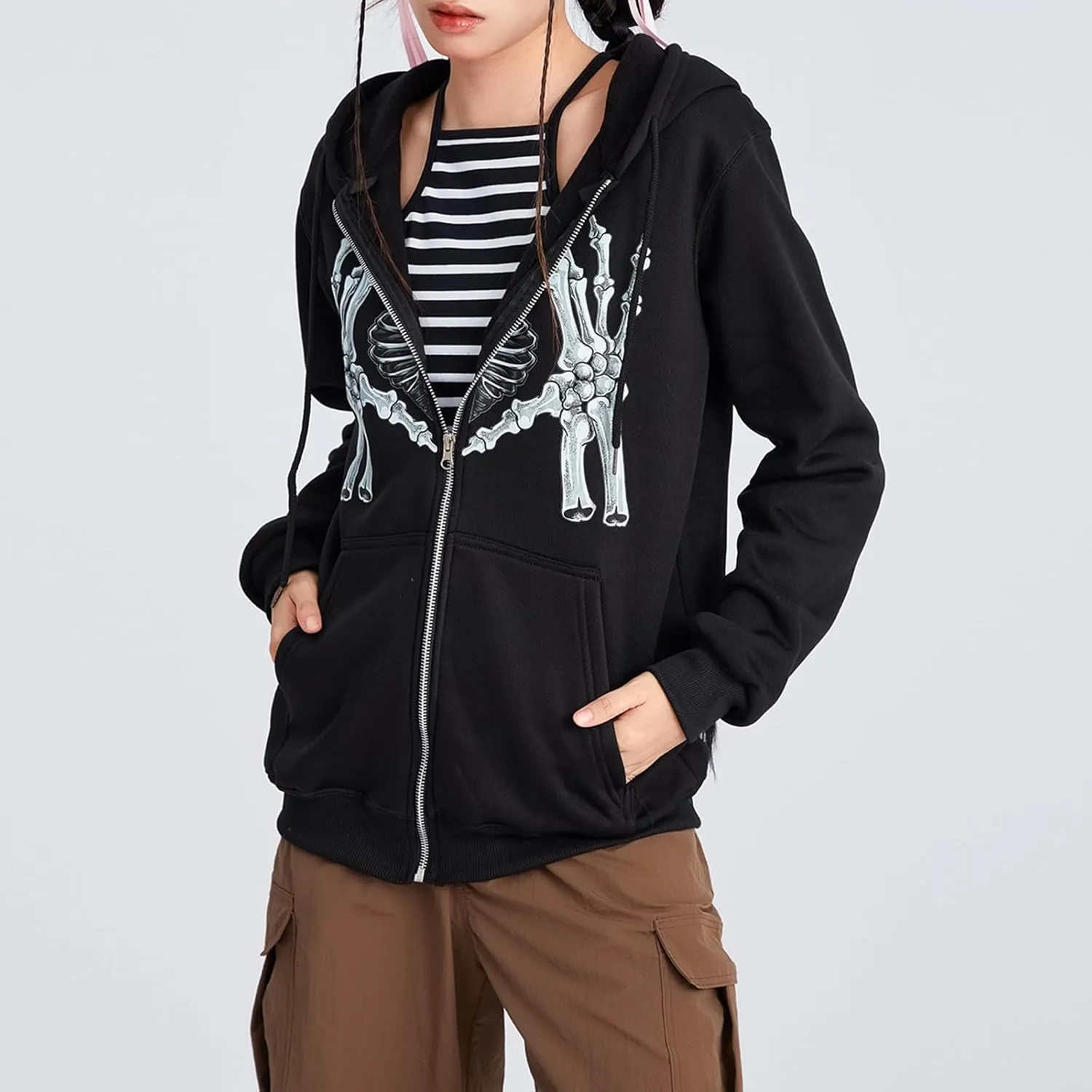 Women Men Rhinestone Graphic Zip up Hoodies Long Sleeve Oversized Gothic 90s Aesthetic Sweatshirt Jacket Streetwear