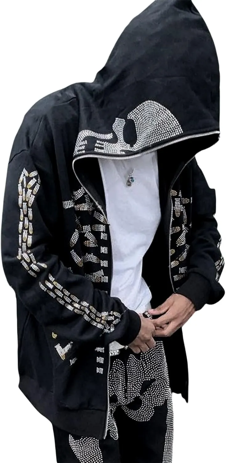 Women Men Rhinestone Graphic Zip up Hoodies Long Sleeve Oversized Gothic 90s Aesthetic Sweatshirt Jacket Streetwear