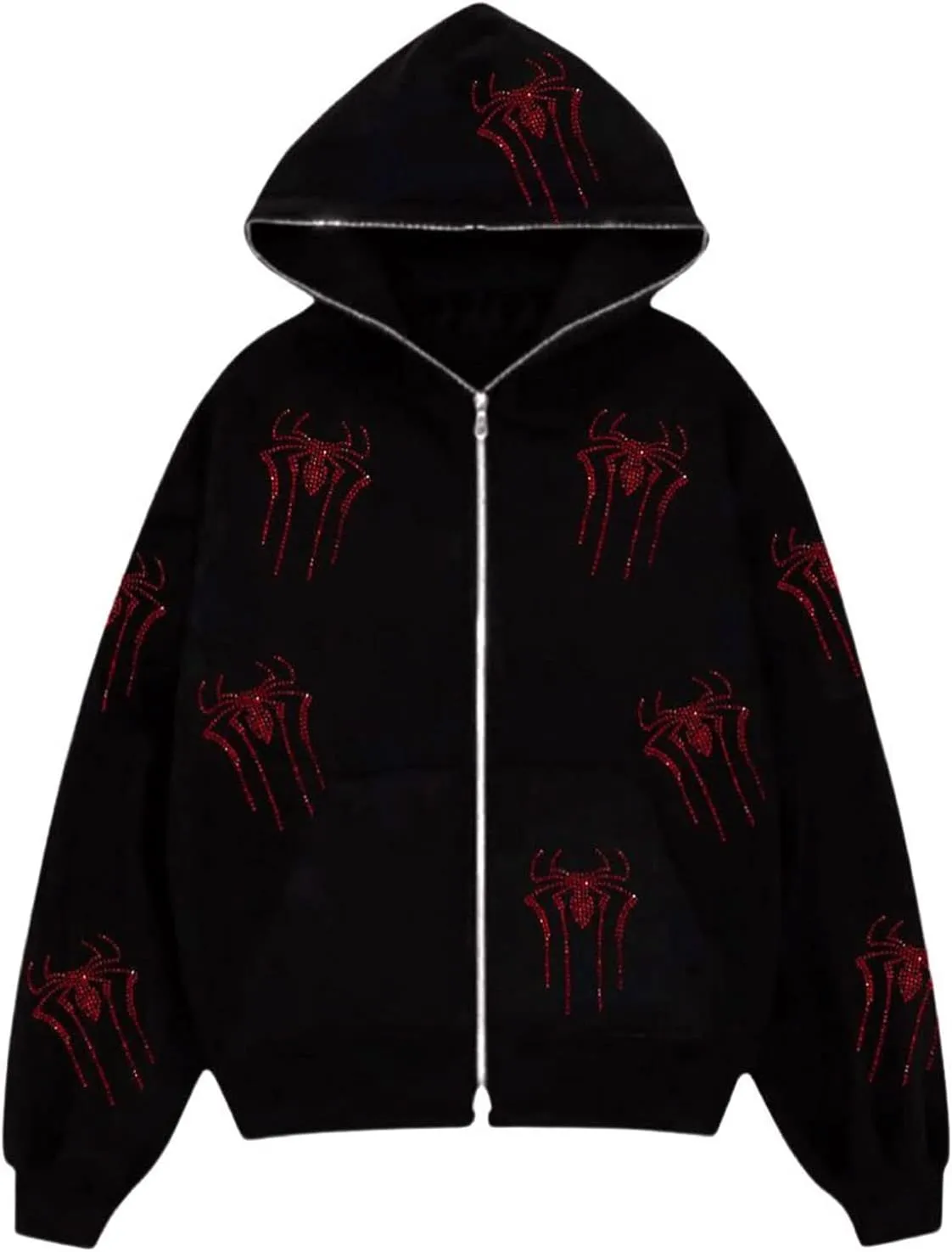 Women Men Rhinestone Graphic Zip up Hoodies Long Sleeve Oversized Gothic 90s Aesthetic Sweatshirt Jacket Streetwear
