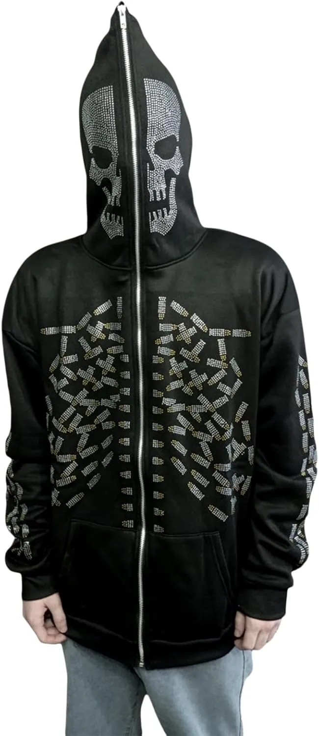 Women Men Rhinestone Graphic Zip up Hoodies Long Sleeve Oversized Gothic 90s Aesthetic Sweatshirt Jacket Streetwear