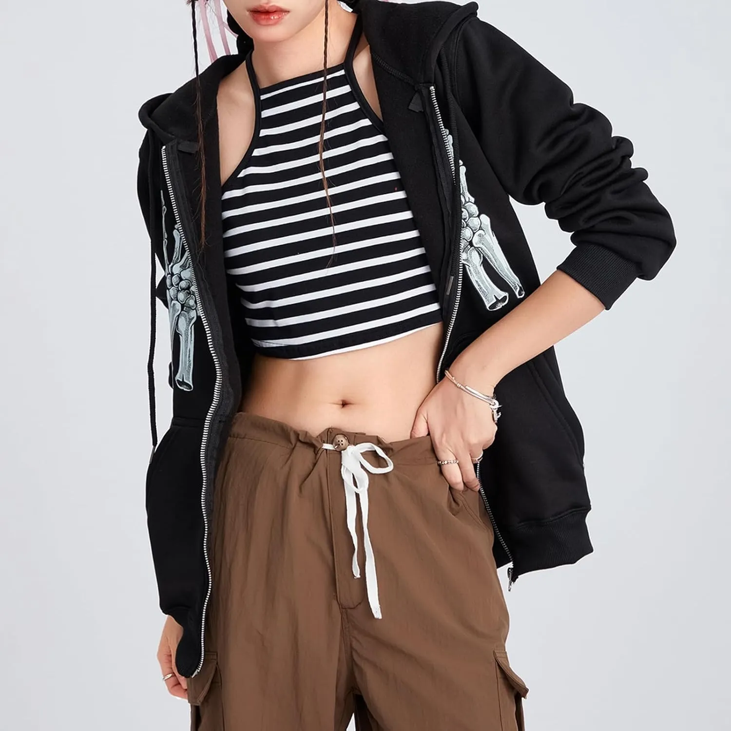 Women Men Rhinestone Graphic Zip up Hoodies Long Sleeve Oversized Gothic 90s Aesthetic Sweatshirt Jacket Streetwear