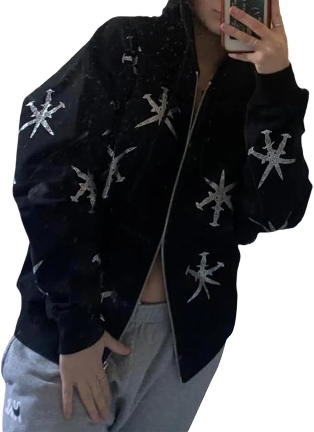 Women Men Rhinestone Graphic Zip up Hoodies Long Sleeve Oversized Gothic 90s Aesthetic Sweatshirt Jacket Streetwear