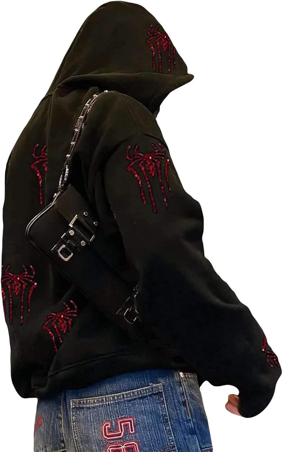 Women Men Rhinestone Graphic Zip up Hoodies Long Sleeve Oversized Gothic 90s Aesthetic Sweatshirt Jacket Streetwear