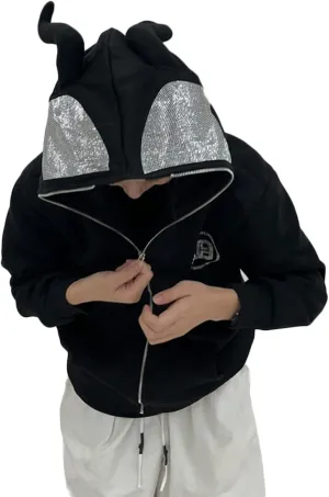 Women Men Rhinestone Graphic Zip up Hoodies Long Sleeve Oversized Gothic 90s Aesthetic Sweatshirt Jacket Streetwear