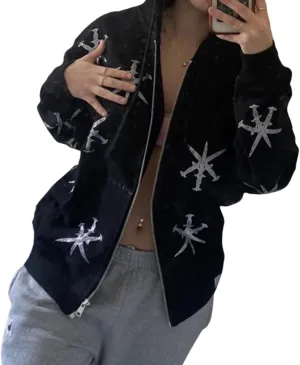 Women Men Rhinestone Graphic Zip up Hoodies Long Sleeve Oversized Gothic 90s Aesthetic Sweatshirt Jacket Streetwear