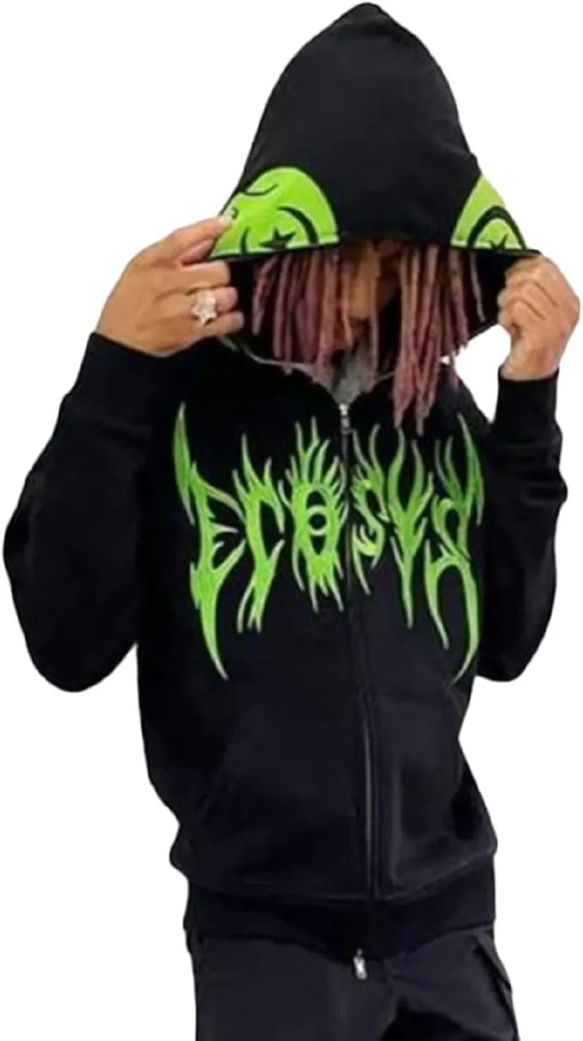 Women Men Rhinestone Graphic Zip up Hoodies Long Sleeve Oversized Gothic 90s Aesthetic Sweatshirt Jacket Streetwear