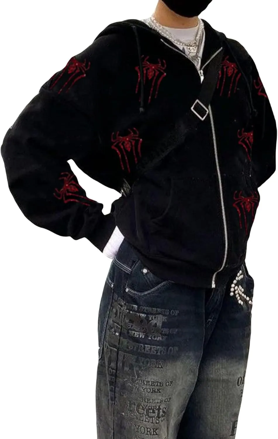 Women Men Rhinestone Graphic Zip up Hoodies Long Sleeve Oversized Gothic 90s Aesthetic Sweatshirt Jacket Streetwear