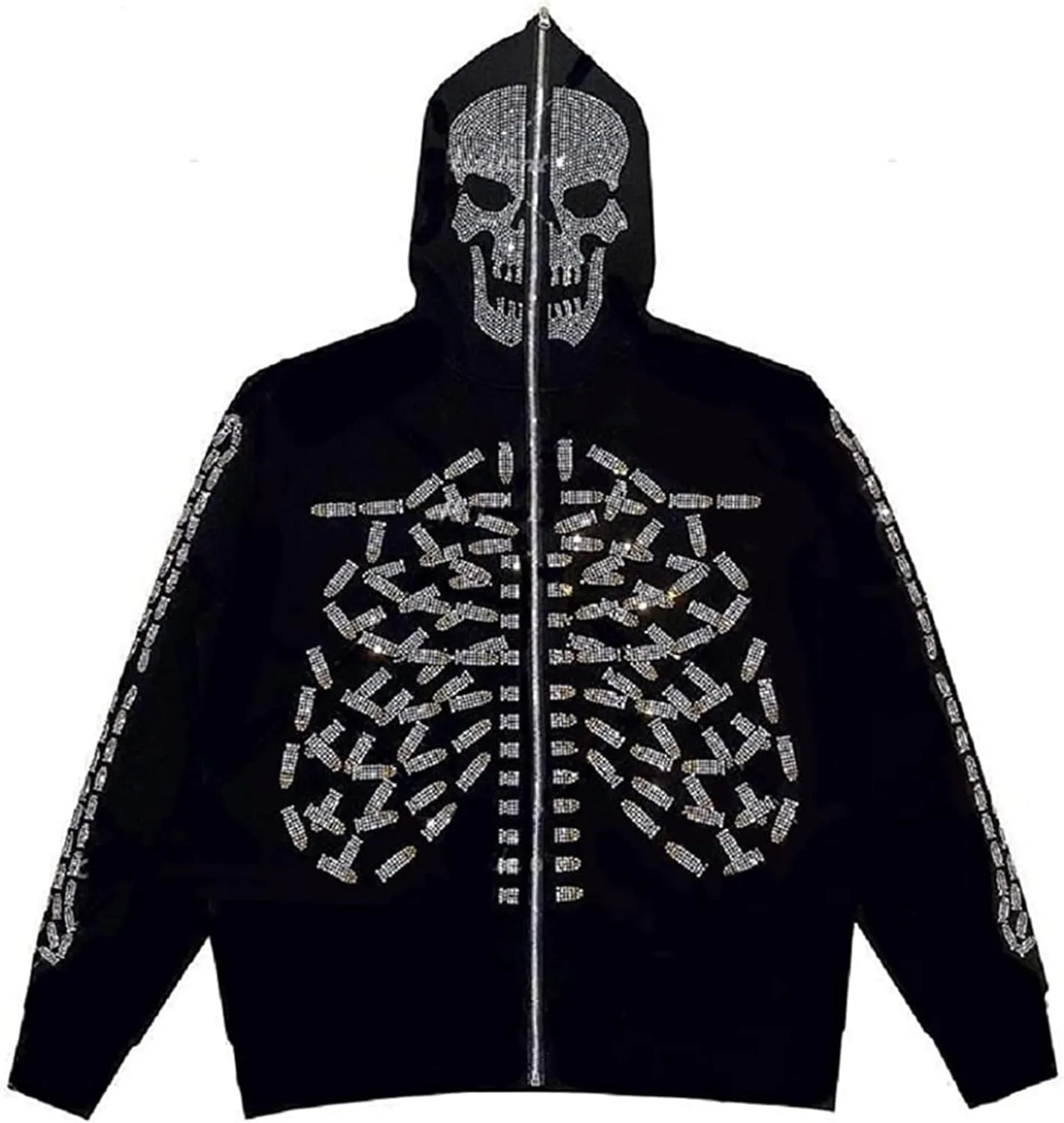 Women Men Rhinestone Graphic Zip up Hoodies Long Sleeve Oversized Gothic 90s Aesthetic Sweatshirt Jacket Streetwear