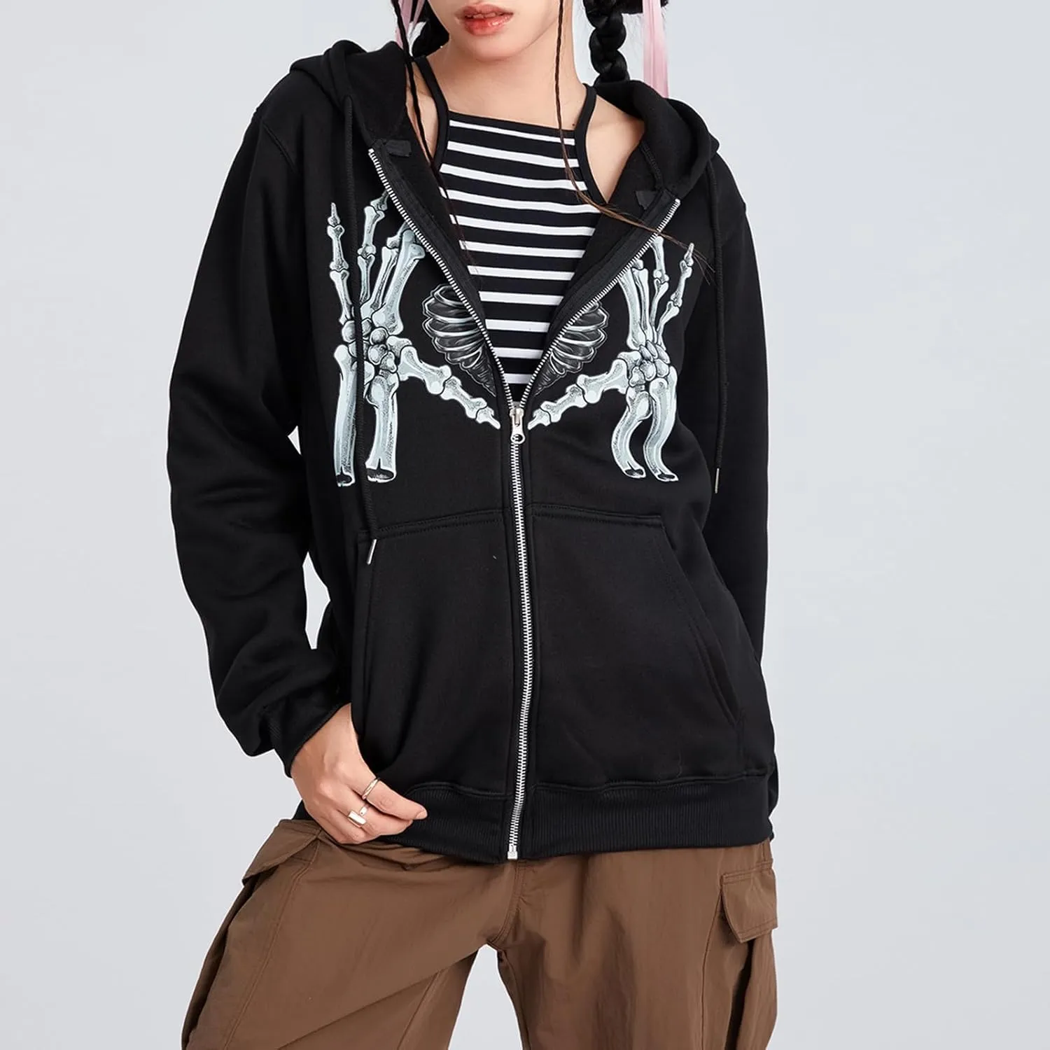 Women Men Rhinestone Graphic Zip up Hoodies Long Sleeve Oversized Gothic 90s Aesthetic Sweatshirt Jacket Streetwear