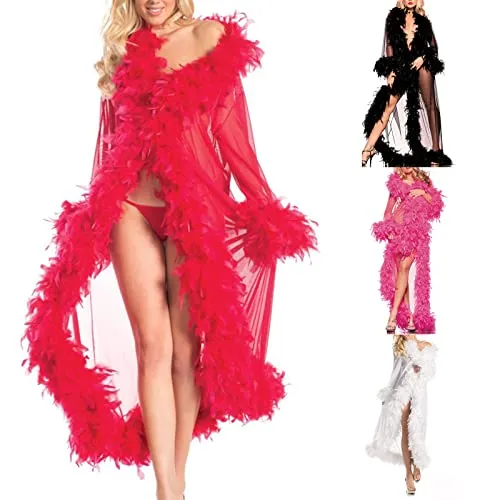 Women Pajamas Sexy Lace Mesh Feathers Patchwork Sleepwear See Through Lingerie Cardigans Velvet Perspective Maxi Robes Long Sleeve Rope Nightwear Babydoll Home Sleeping Coat