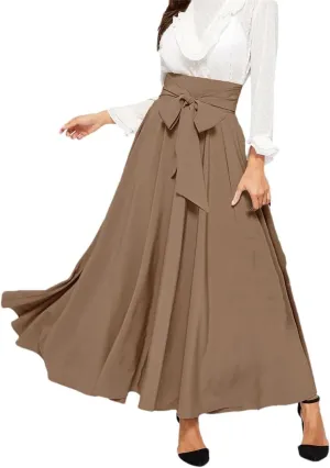Women Pleated A-Line Skirts Strappy High Waist Stretch Solid Midi Long Maxi Skirts Casual Skirts