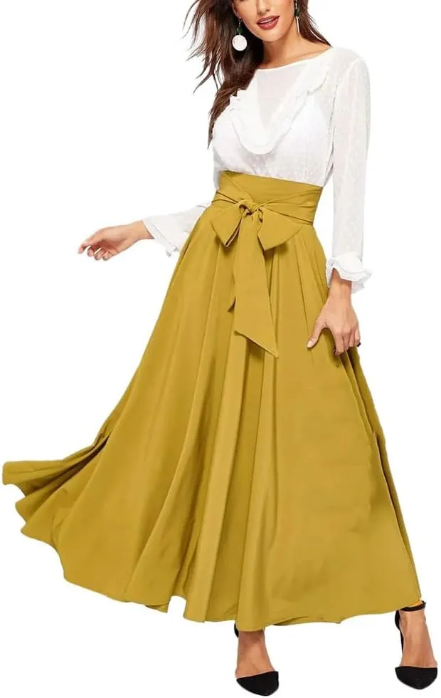 Women Pleated A-Line Skirts Strappy High Waist Stretch Solid Midi Long Maxi Skirts Casual Skirts