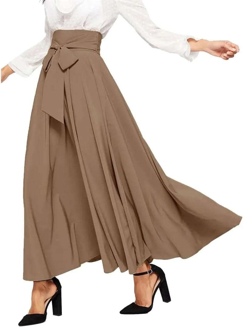 Women Pleated A-Line Skirts Strappy High Waist Stretch Solid Midi Long Maxi Skirts Casual Skirts