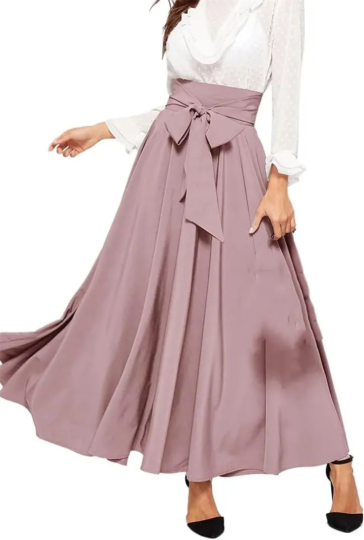 Women Pleated A-Line Skirts Strappy High Waist Stretch Solid Midi Long Maxi Skirts Casual Skirts