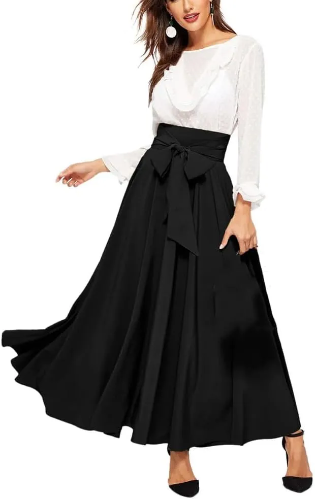 Women Pleated A-Line Skirts Strappy High Waist Stretch Solid Midi Long Maxi Skirts Casual Skirts