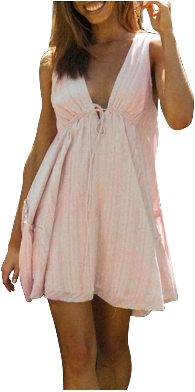 Women Sexy Lace Slip Dress Sleeveless V-Neck Flowy Ruffle Beach Mini Dresses Cocktail Party Club A Line Tank Dress
