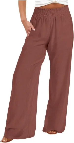 Women Straight Wide Leg Pants Elastic High Waisted Trendy Summer Clothes Cotton Linen Lightweight Flowy Outfits