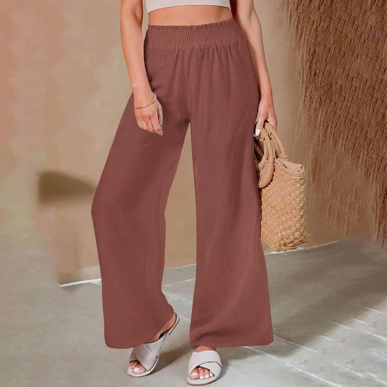 Women Straight Wide Leg Pants Elastic High Waisted Trendy Summer Clothes Cotton Linen Lightweight Flowy Outfits