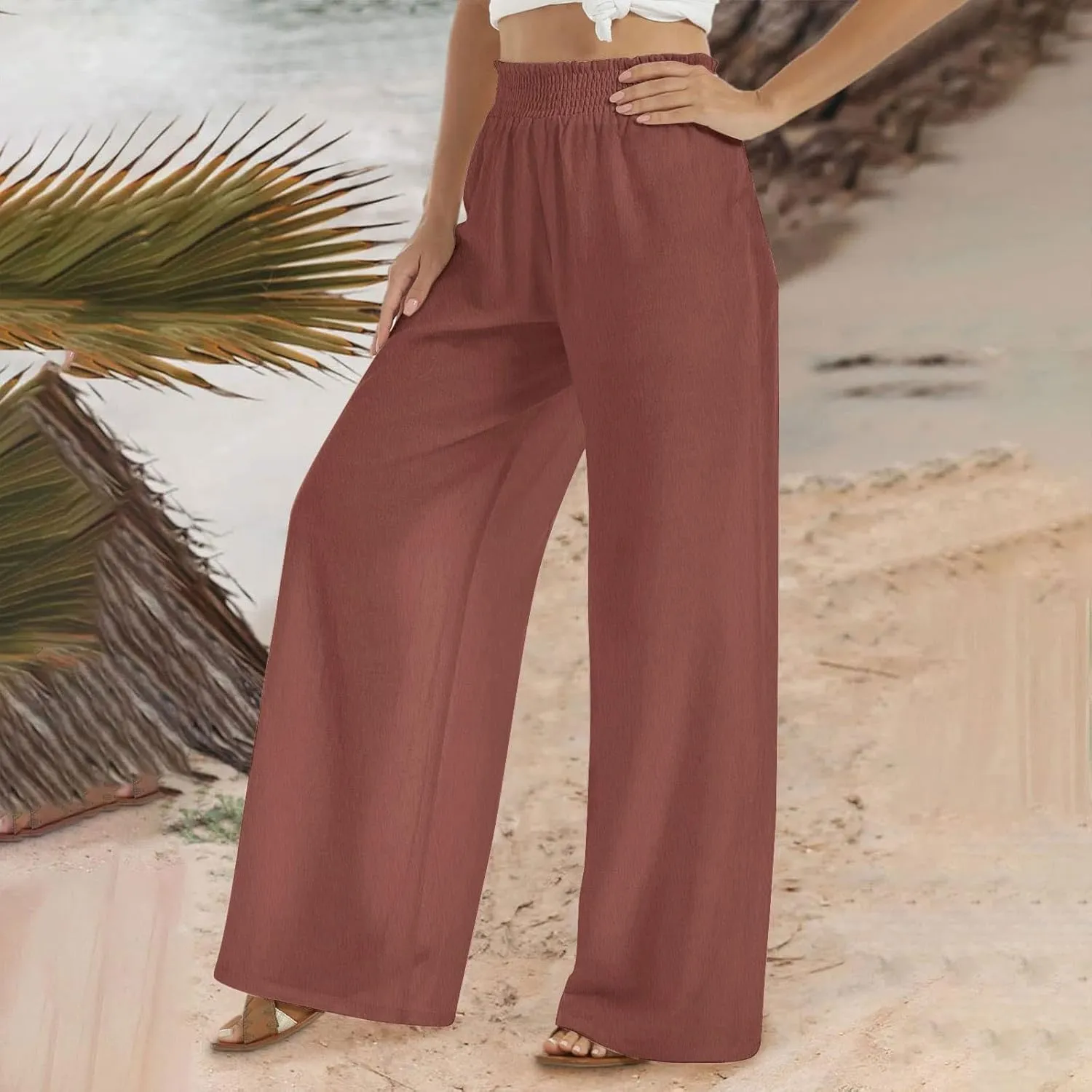 Women Straight Wide Leg Pants Elastic High Waisted Trendy Summer Clothes Cotton Linen Lightweight Flowy Outfits