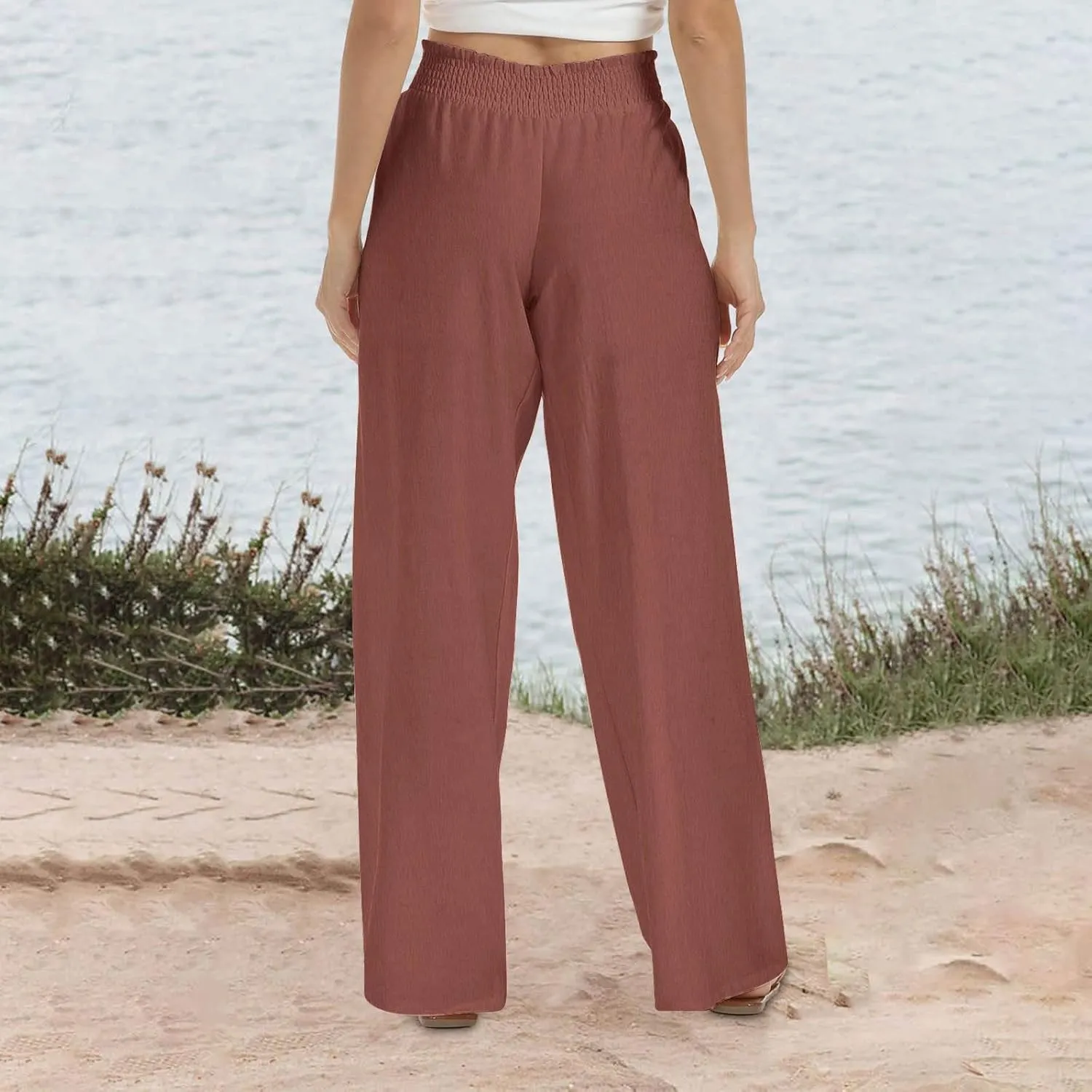 Women Straight Wide Leg Pants Elastic High Waisted Trendy Summer Clothes Cotton Linen Lightweight Flowy Outfits