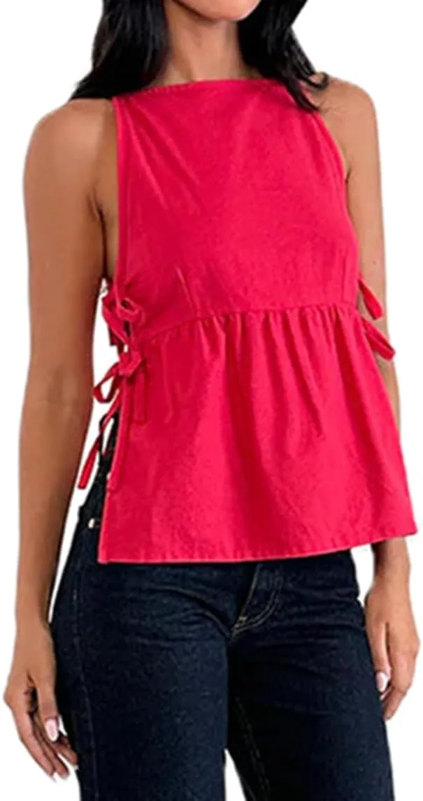 Women Tie Side Tank Top Sleeveless Split Peplum Coquette Shirt Plaid Trendy Going Out Summer Tops Y2k Streetwear