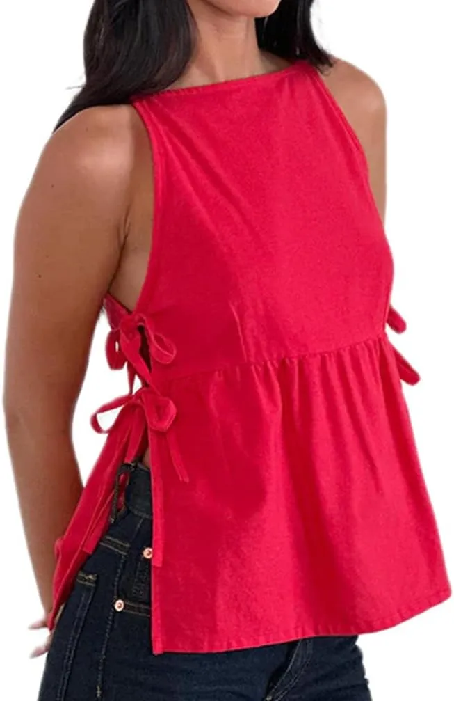 Women Tie Side Tank Top Sleeveless Split Peplum Coquette Shirt Plaid Trendy Going Out Summer Tops Y2k Streetwear