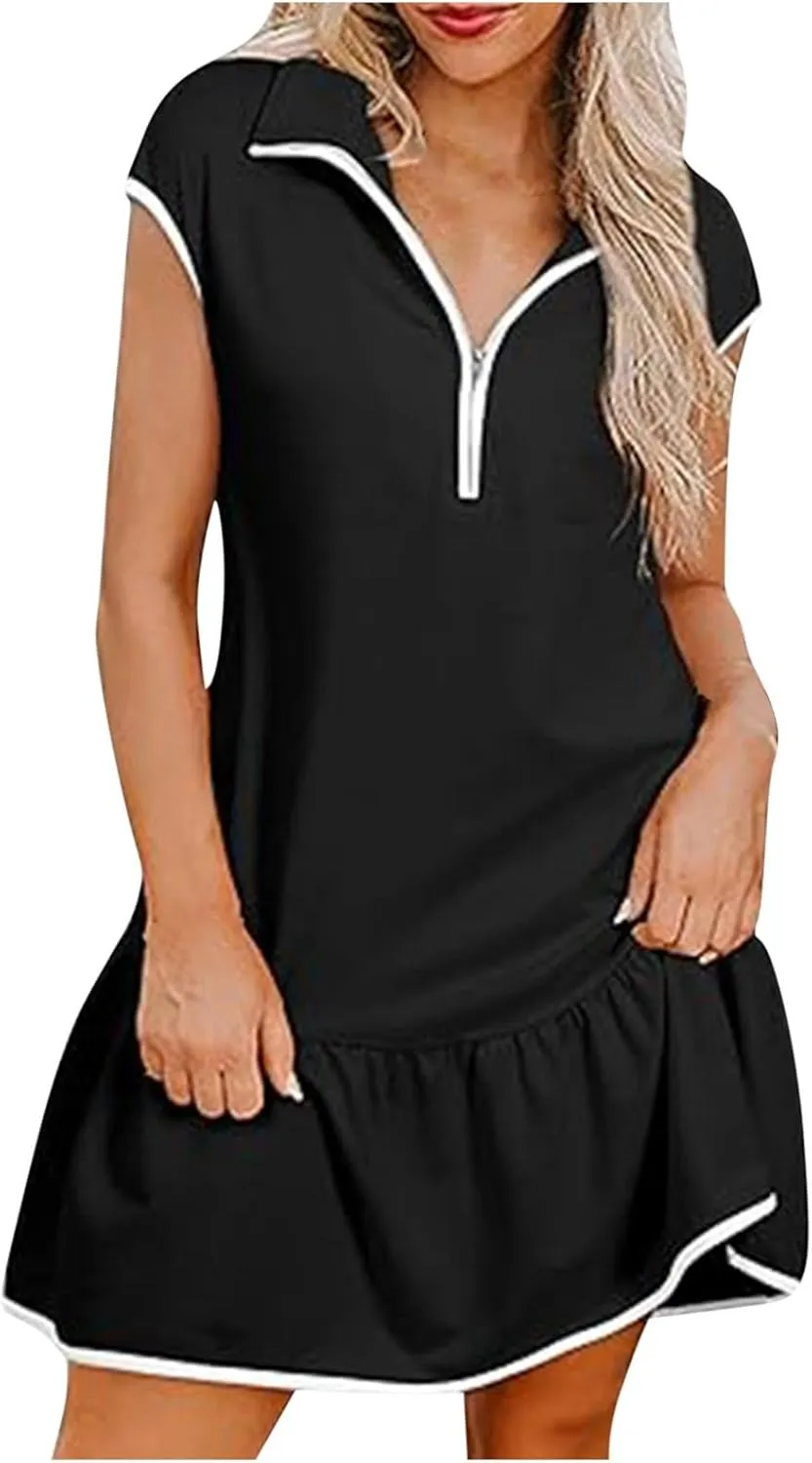 Women Trendy Half Zip Summer Dress V Neck Cap Sleeve Ruffle Swing Mini Dresses Casual Fitted Sundress Fashion Clothes
