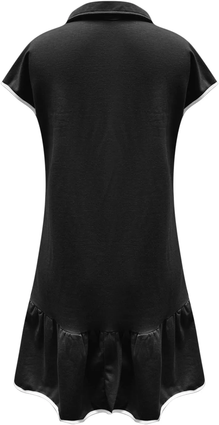 Women Trendy Half Zip Summer Dress V Neck Cap Sleeve Ruffle Swing Mini Dresses Casual Fitted Sundress Fashion Clothes