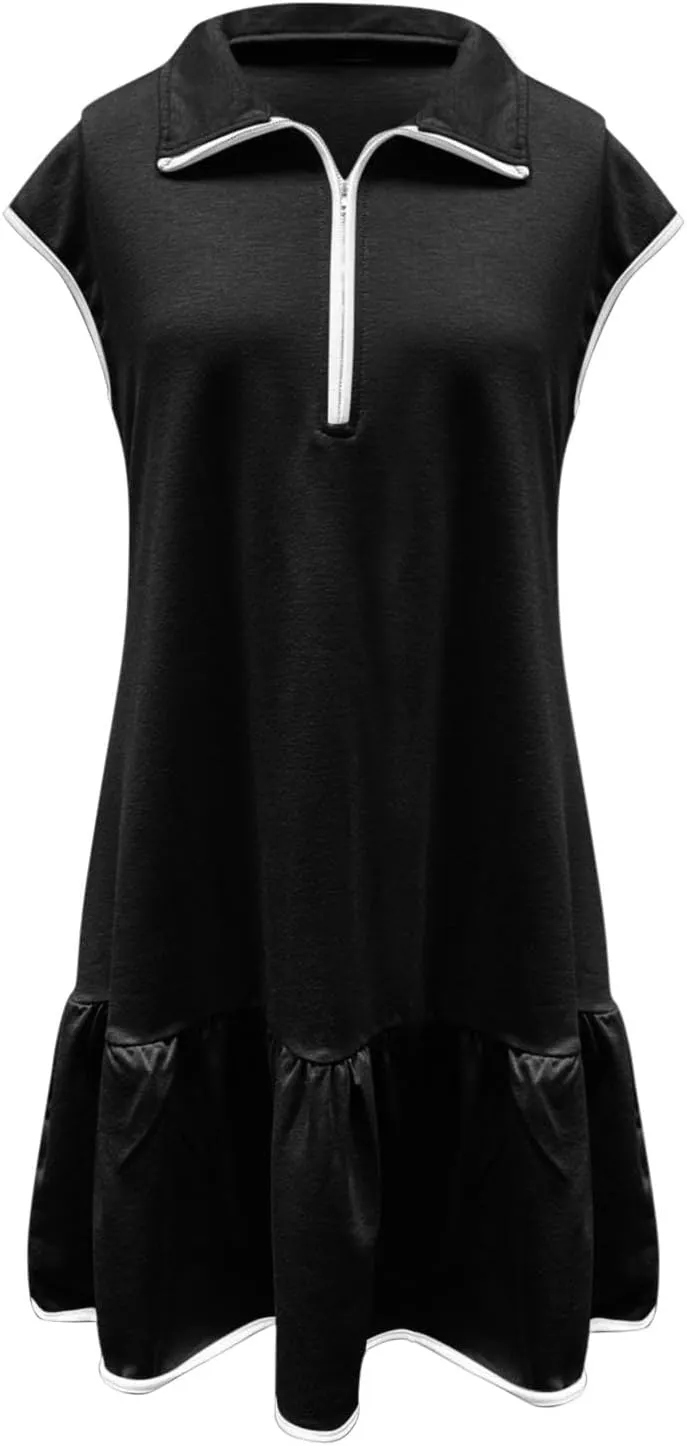 Women Trendy Half Zip Summer Dress V Neck Cap Sleeve Ruffle Swing Mini Dresses Casual Fitted Sundress Fashion Clothes