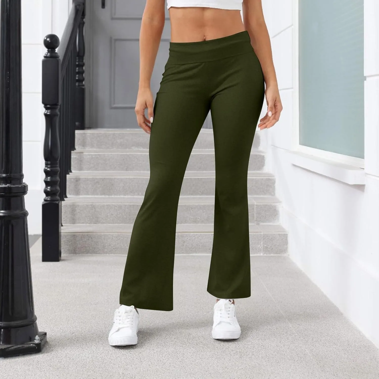 Women Work Pants, Flare Yoga Summer Pants High Waisted Tummy Control Stretch Flare Leggings Elastic Waist Trousers