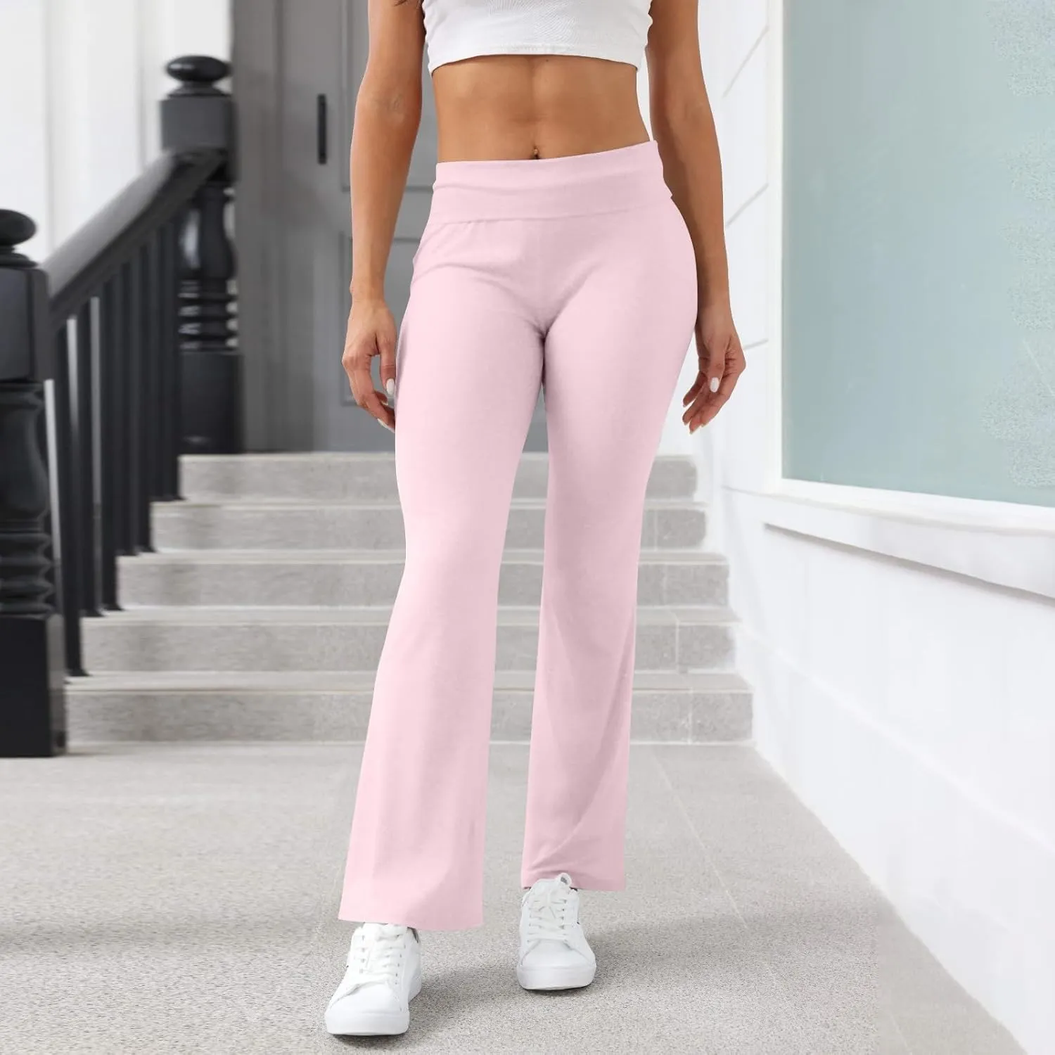 Women Work Pants, Flare Yoga Summer Pants High Waisted Tummy Control Stretch Flare Leggings Elastic Waist Trousers