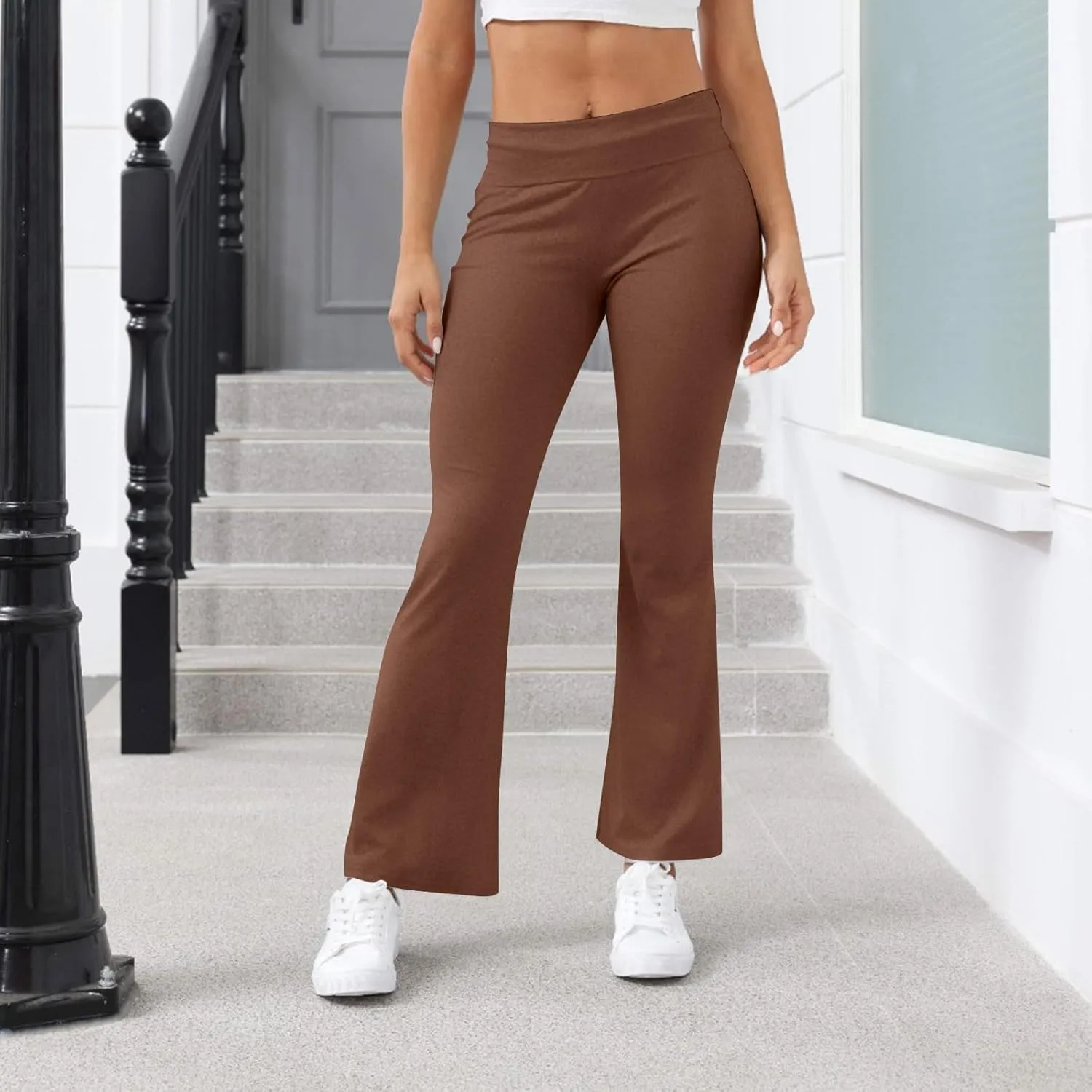 Women Work Pants, Flare Yoga Summer Pants High Waisted Tummy Control Stretch Flare Leggings Elastic Waist Trousers