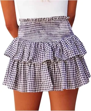Women Y2k Plaid Ruffle Mini Skirt Smocked Waist Pleated Tiered Short Skirt Spring Summer A-line Skirt Streetwear