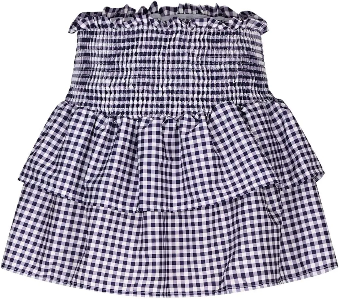Women Y2k Plaid Ruffle Mini Skirt Smocked Waist Pleated Tiered Short Skirt Spring Summer A-line Skirt Streetwear