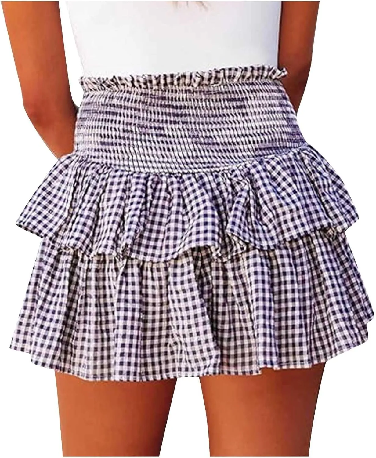 Women Y2k Plaid Ruffle Mini Skirt Smocked Waist Pleated Tiered Short Skirt Spring Summer A-line Skirt Streetwear