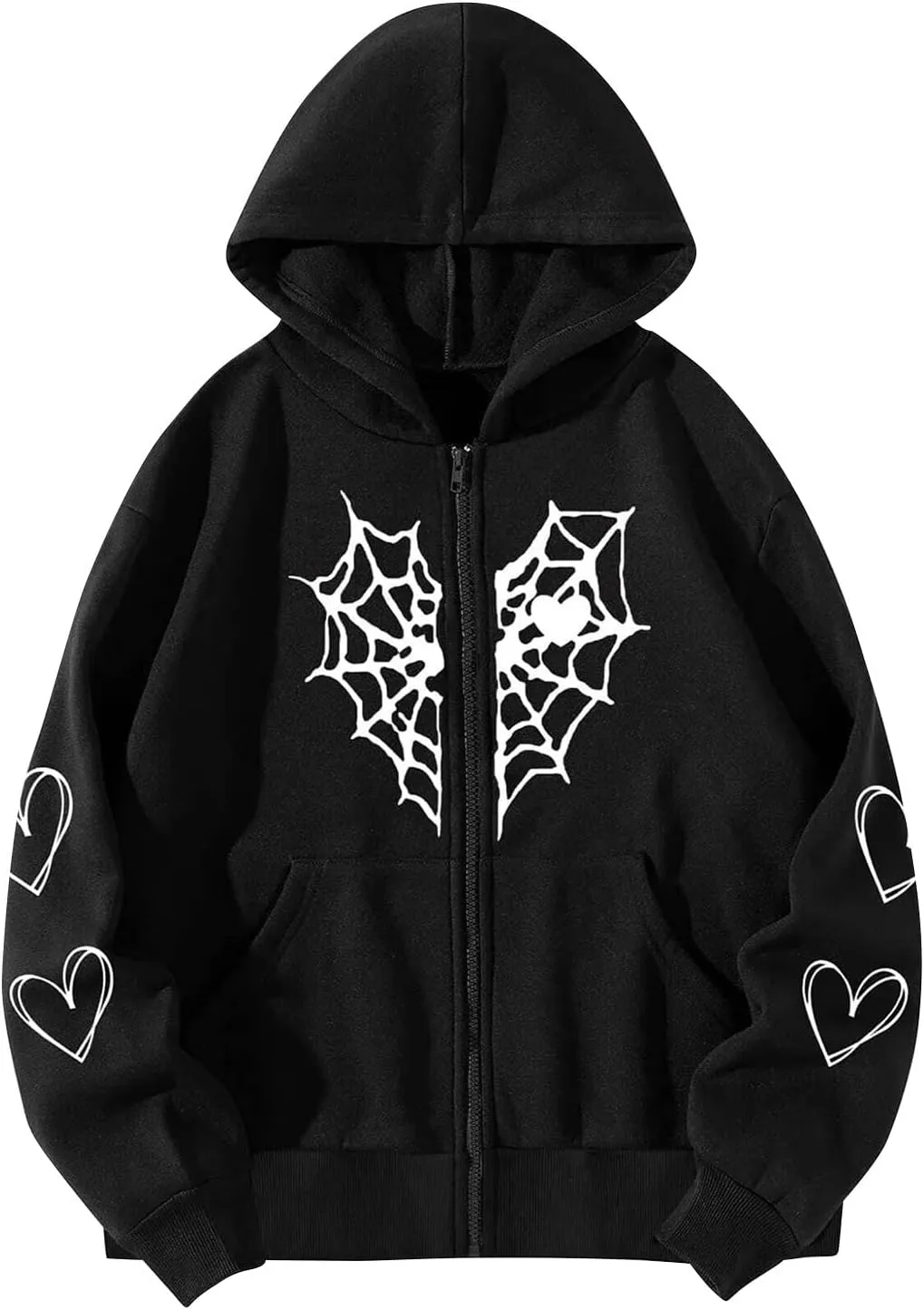 Women Y2K Spider Web Love Heart Hoodies Punk Jacket Coat Streetwear Goth Harajuku Oversized Zip Up Hooded Sweatshirt